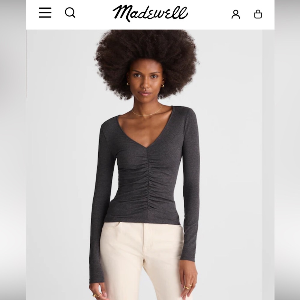 Madewell Charcoal V-Neck Shirred Ruched Long-Sleeve Top